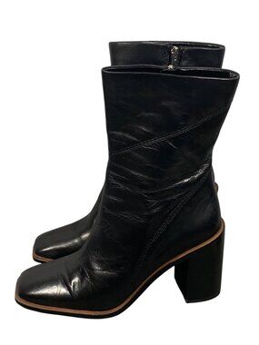 Franco Sarto Stevie Black Leather Boots Square Toe Block Heel Size 9.5M Side Zip